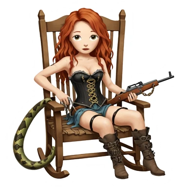 cinematic realistic ultra HD very old and tired Tori Amos casually crouches on a rocking chair in a torn corset, holding a double-barreled rifle and with muddy barefoot - a big snake wrapped itself around the chair sticker
