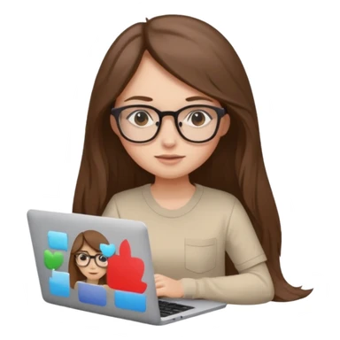 Girl in glasses,brown long hair, beige shirt, sitting with gray MacBook sticker