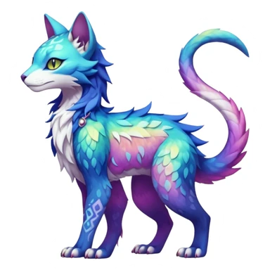 Kawaii iridescent beautiful pretty elegant divine edgy fantasy feline-vernid-sergal-Fakémon-Pokémon-fursona-animal-creature with accessories, full body, with intricate detailed markings sticker