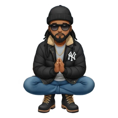 African American man with shoulder length black dreadlocks with black beard wearing black sunglasses wearing a black bubble winter coat wearing a New York Yankees baseball hat wearing denim skinny jeans and timberland boots kneeling in prayer sticker