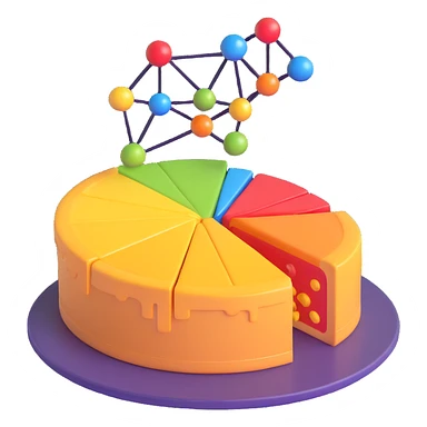 stylized neural network with data points flowing into a pie chart, 3D emoji style sticker