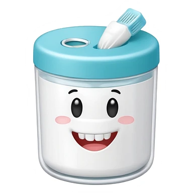 A small round plastic container with the phrase  "dental floss" on it sticker