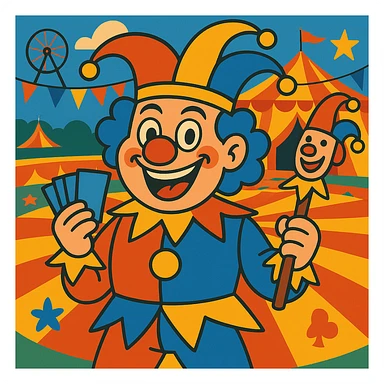 Add a vibrant circus background behind the wacky joker clown playing card, keeping the playful and whimsical vibe. sticker