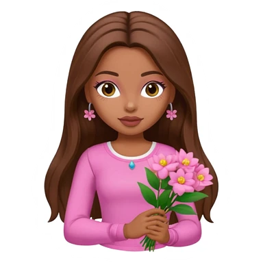 pretty bratz baddie, long brown hair holding flowers sticker
