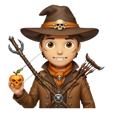 male human monster hunter emoji, wearing brown leather coat and wide hat, holding crossbow, with amulet shaped like skull, Halloween fantasy theme, confident smile, orange scarf, Apple emoji style, clean white background, square image sticker