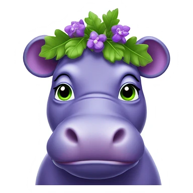 A purple hippo with green eyes and a laurel wreath sticker