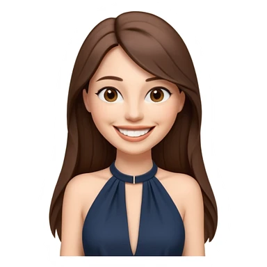 emoji-style illustration of a stylish pretty big smile woman with long straight brown hair, wearing a dark halter neck dress, elegant and chic slayed look, front-facing, soft 3D cartoon rendering, plain background sticker