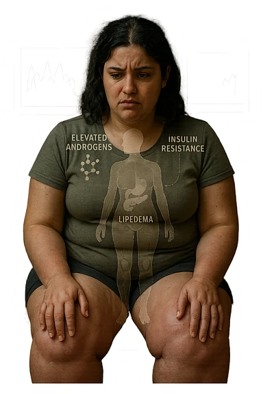 cinematic realistic in italiano Woman with PCOS struggling with hormonal chaos, transparent overlay showing elevated androgens and insulin resistance affecting her body, lipedema causing disproportionate fat accumulation in legs and arms despite normal torso, expression of frustration with unexplained weight gain, medical charts showing complex endocrine dysfunction, painful swollen limbs contrasting with metabolic confusion in italiano sticker