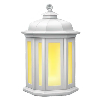 white house lantern with yellow light filtering out of the windows and door sticker