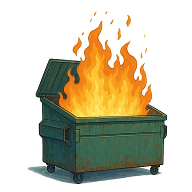 a dumpster, no lid, the lid is open, on fire sticker