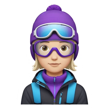 Pro Snowboarder with white and grey beanie, purple and blue frameless goggles on and a black jacket sticker