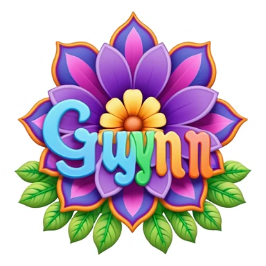 3D, gothic style psychedelic colored word “Gwynn” with hippie style flower border sticker