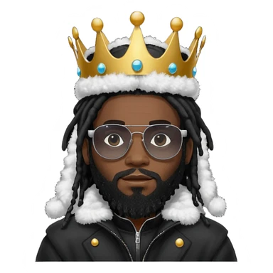 African American man with beardwith shoulder length black dreadlocks wearing black sunglasses with black bubble winter coat weariring a crown on his head sticker