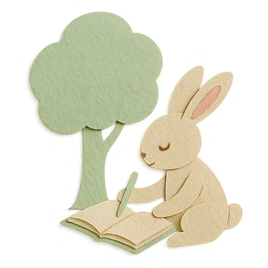 rabbit writing in a journal under a tree, pastel green and beige, paper craft style sticker