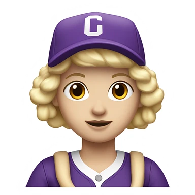 baseball card character. Blonde female bob hair. letter C logo. Purple and white uniform. sticker