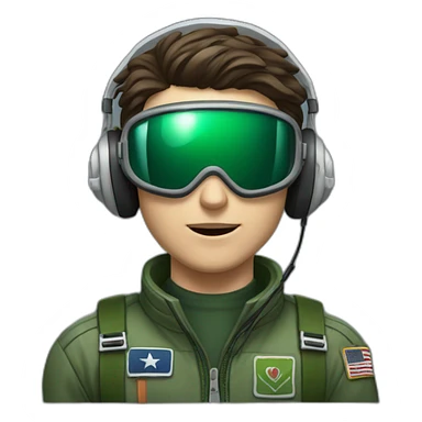 A young white male tennager with a thin face with dark brown hair and brown eyes in a pilot suit and wearing a green Pilot headset sticker
