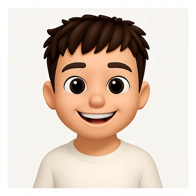 Change the facial expression to a happy smile, keeping the 3D cartoon emoji style with a large head, big expressive eyes, smooth skin, and simple features. Maintain the clean, modern design with soft lighting and a white background, in the style of Apple Memoji or Pixar characters. sticker