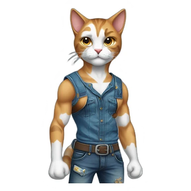 Meowscles is a muscular and humanoid calico cat in blue jeans. He has a heart with "Lynx" written inside of it tattooed on his right bicep. sticker