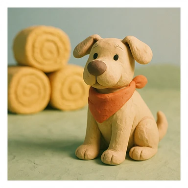 friendly farm dog with a bandana, hay bales in background, soft pastel colors, claymation style sticker