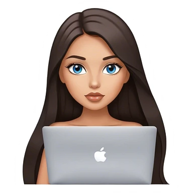 Glamours tanned very beautiful girl with pump peach nude lips and dark chocolate straight smooth long hair, blue-grey eyes with MacBook sticker