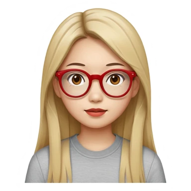 20 yr old asian woman, straight thick long brown hair, blond at tips of dark brown hair, center part to hair, big red glasses, brown eyes, casual shirt sticker