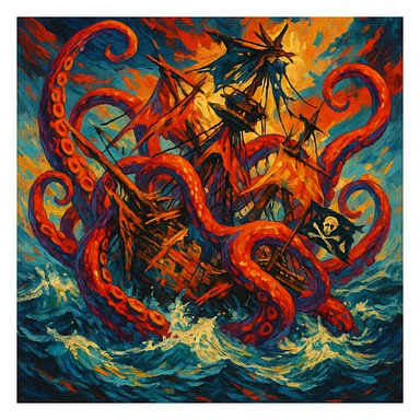 A kraken attacking a pirate ship, broken masts and splintered wood, expressive and bold design sticker