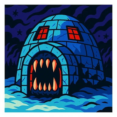 a menacing igloo with monster teeth at the entrance and red glowing windows, horror illustration style, scary and detailed sticker
