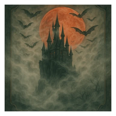 Add thick fog and swirling mist throughout the scene to enhance the creepy atmosphere, keep all other details unchanged. sticker