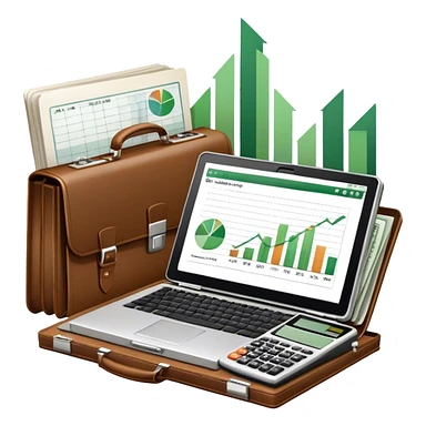 Icon for Business Reading: an open book with a graph and financial charts, a briefcase, a calculator, and a laptop nearby. The icon should represent the world of business, finance, and professional growth. Transparent background. sticker