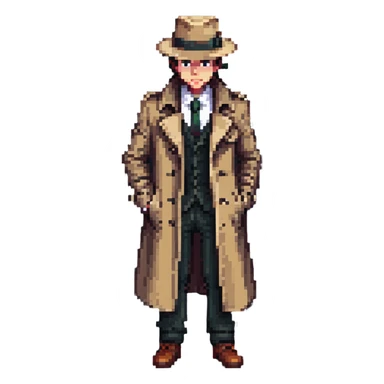 Штирлиц as a pixel art character, retro spy theme sticker