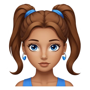 Attractive Woman with tan skin, baddie style, blue eyes, wide face, freckles, and a long voluminous ponytail and dark eye makeup sticker