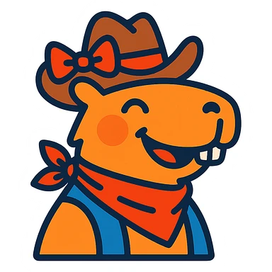 Add a red bow to the capybara wearing a cowboy hat, in a colorful cartoon style, with the same background as the original. sticker