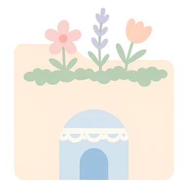 Cottagecore File Explorer icon: folder with a blue archway at the bottom, decorated with wildflowers, moss, and lace, cozy natural style, no text sticker