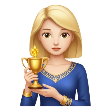 A woman holds a golden cup in her hands. There is a glow around the girl. sticker