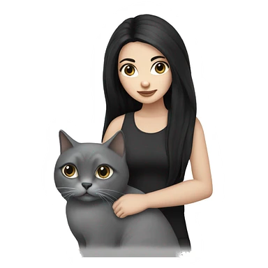 White girl with long black hair and black eyes holding a grey cat sticker