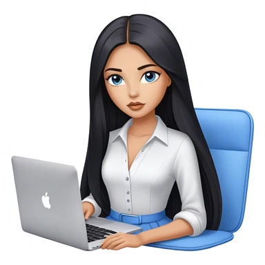 Glamours tanned very beautiful girl with pump nude lips and black straight smooth long hair, blue-grey eyes in beautiful clothing with MacBook. sticker