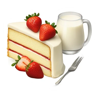 Slice vanilla cake with strawberrieson top at plate and milk at glass sticker