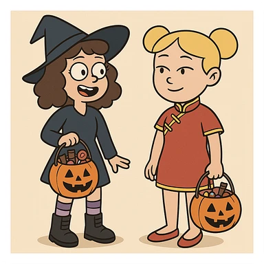 girl brown classic curls hair blue witch a witch costume purple stripes socks black boots girl yellow hair Chinese Girl Costume Red Oriental Dress red shoes some trick or treats  sticker