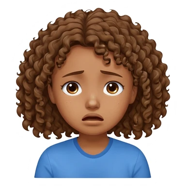 young curly hair girl, brown hair, with a blue shirt, in despair crying sticker