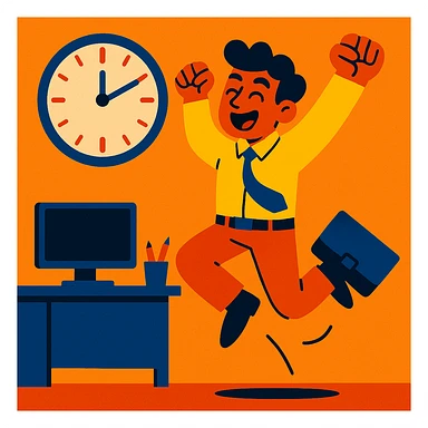 energetic worker jumping up as clock hits 5pm sticker