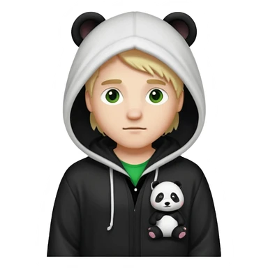 A white man with green eyes, medium-length blond hair, wearing a panda hoodie and black pajama-like robes. sticker