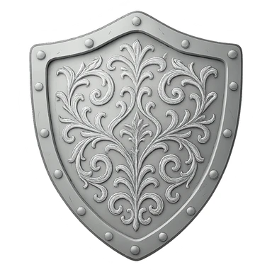 Add elegant engravings to the silver shield while keeping the very light silver color. No gold or gems. The style should resemble emoji style with a transparent background. sticker