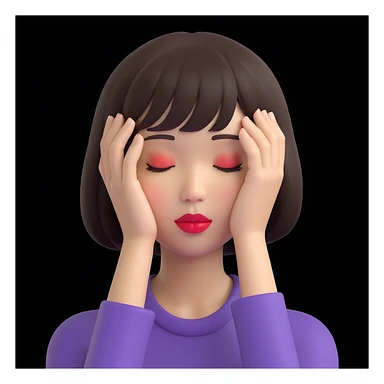 A young Asian woman with short, dark brown hair with bangs, neutral facial expression, closed eyes, vibrant red lips, light beige skin tone, close-up portrait, plain white background, cartoon-like and stylized, bright and saturated colors, even and flat lighting, neutral atmosphere, 3D emoji style. sticker