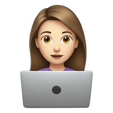 woman looking from behind a laptop. There is a coffee mug in front of the laptop. The woman has middle brown straight hair and pale skin. sticker