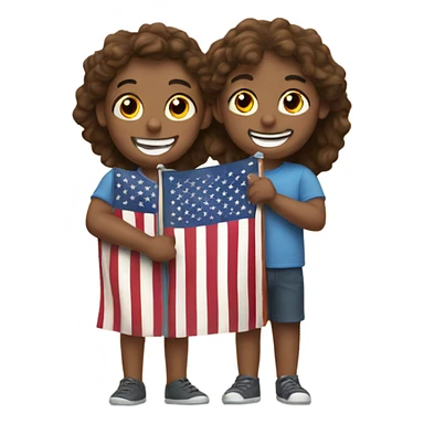 smiling friends indoors together holding an American flag sticker