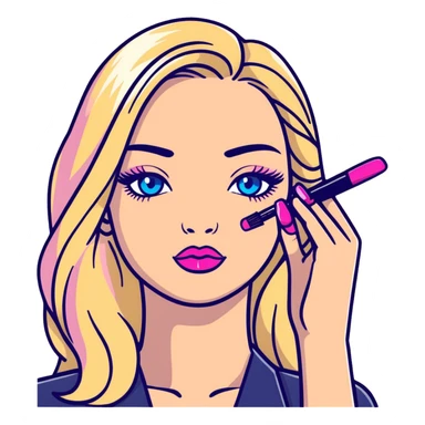 Blonde woman with long hair, blue eyes and pink lips holding mascara in her hands sticker