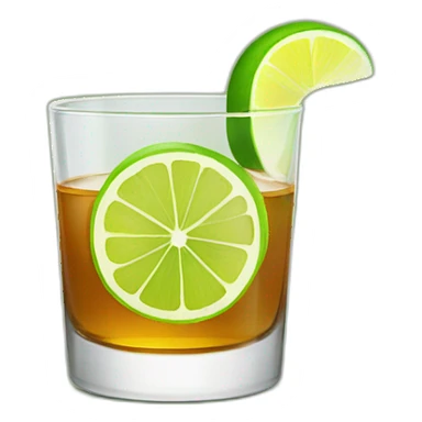 A single whiskey shot with a single slice of green lemon piece on it sticker