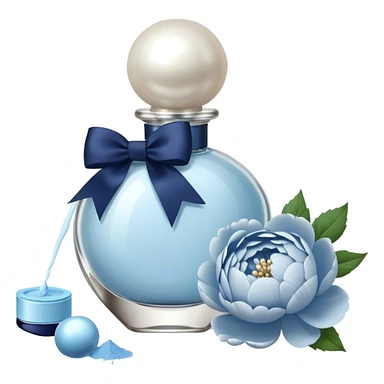 pearl blue vintage style perfume bottle and navy colored peonies and a powder blue bow sticker