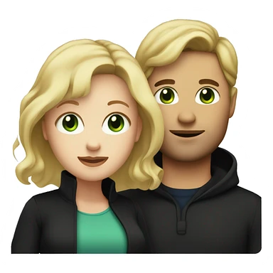 Pregnant blonde with a wavy bob and green eyes with brown haired husband with blue eyes both wearing black clothes sticker