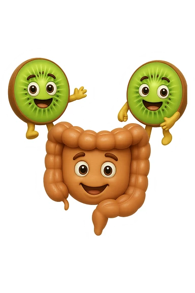 emoji stile iphone di kiwi fluttuano in aria tenendo in mano un pezzo di colon con espressione felice in volto, iperrealistico 4k sticker